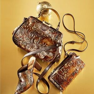 Patricia Nash Gracchi Embossed Bark Leaves Leather Satchel Special Edition Purse